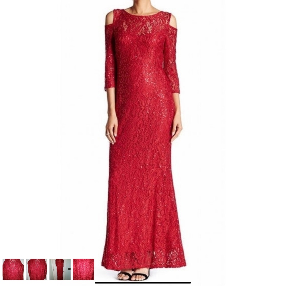 MARINA Red Cold Shoulder Gown 3/4 Sleeve